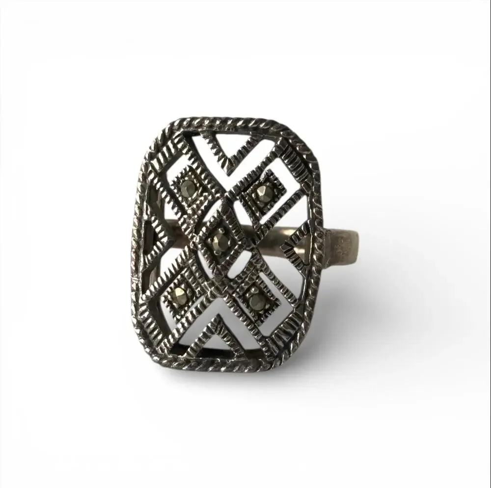 VTG Sterling Silver & Marcasites Rectangular Openwork Ring Size 5.75 - Tarnished